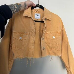 Distressed Zara Orange Cropped Denim Jacket